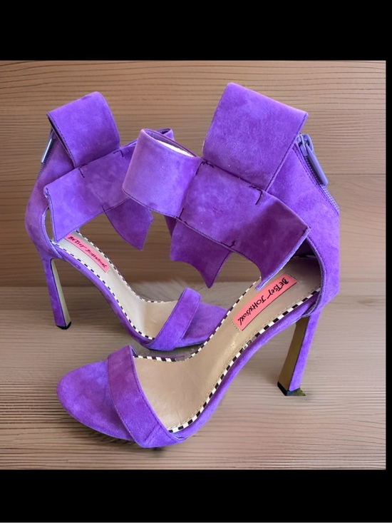 Betsey Johnson Shoes - Betsey Johnson Purple Suede Friskyy Stiletto Dress Sandals BIG Bow Open Toe 7.5